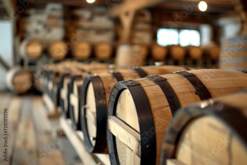 A wooden wine barrel is in the room.