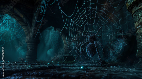3D render of a darkened chamber where an elusive jewel encrusted spider weaves its intricate web of nightfall