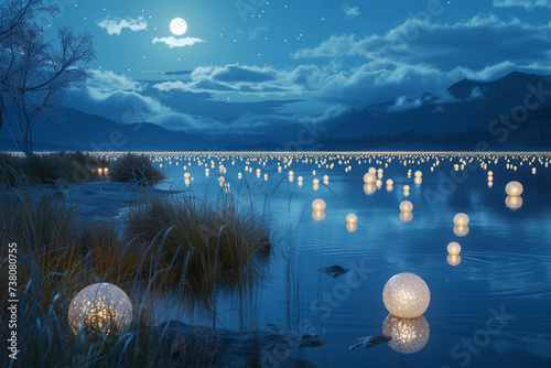 3D representation of a glistening moonlit lake adorned with floating orbs of luminescent jewelry that illuminate the surrounding darkness photo