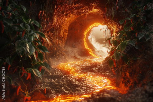 A 3D rendered fiery portal to hell where hot sauce rivers flow and chilies sprout from the ground symbolizing the spiciness of the underworld photo