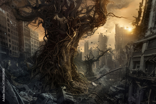 A dystopian landscape with a human and a hybrid assimilating into a decaying tree trunk while the surroundings become engulfed in chaos