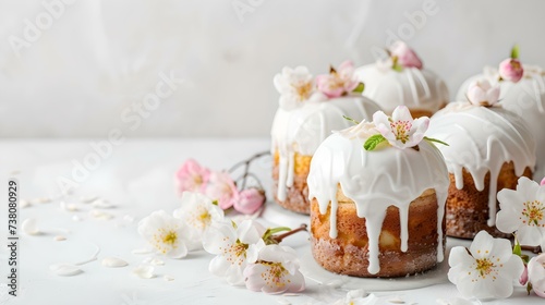 Delicate easter cakes adorned with white icing and spring blossoms. perfect for holiday celebrations. light, airy photographic style. AI