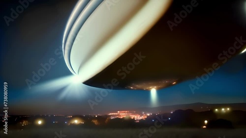 An unidentified flying object hovered in the sky, a mysterious light above a quiet suburb. Space flying saucer with lights. An alien UFO visits Earth. Aliens from another planet. Concept: science fict photo