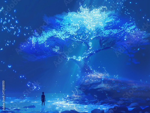 A mystical underwater environment where a human and a hybrid creature encounter an ethereal tree shimmering with bioluminescent foliage photo