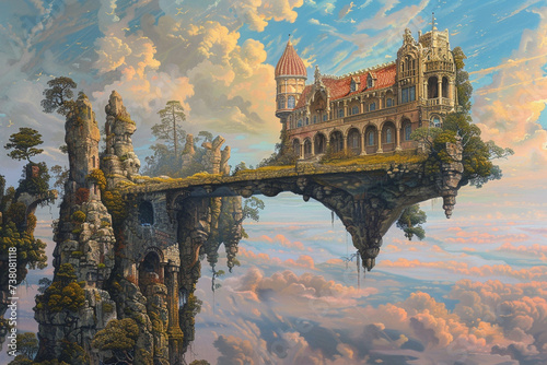 A one of a kind art piece portraying an upside down building on an enchanting and mysterious setting photo