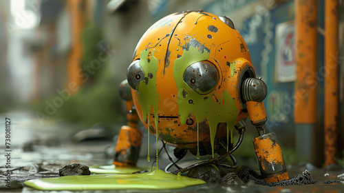 A robot and slime hybrid symbiotically connected exuding a sense of intrigue and wonder