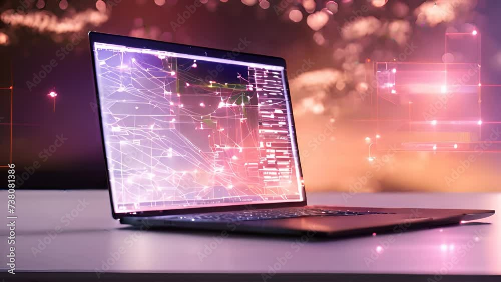 Advanced graphical user interface on a modern laptop screen with dynamic abstract connections, highlighting cutting-edge technology in professional environment Advanced graphical user interface on a modern laptop screen with dynamic abstract connections, highlighting cutting-edge technology in professional environment
