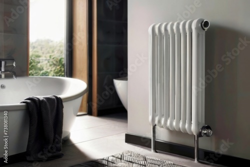 The white radiator in a minimalist style, complementing the clean and simple aesthetic