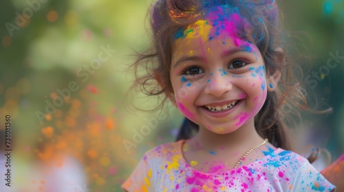Portrait of smiling indian cute little girl being showered by colored powders during holi festival  poster