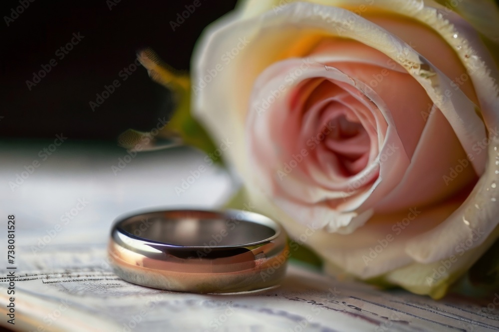 A close-up of wedding rings resting on a bed of roses