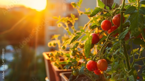 Cherry Tomato Plants on a Balcony Garden at Sunset 
