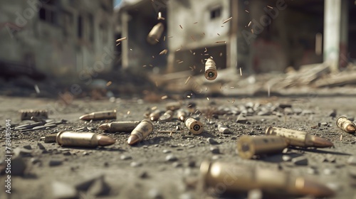 Post-Apocalyptic scene with bullet casings scattered on the ground. representing war, desolation, and chaos. ideal for background use. AI photo