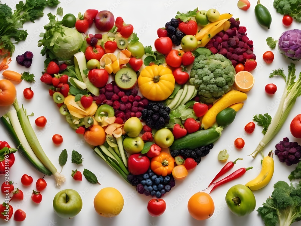 Colorful heart shape from various fruits and vegetables with human hands holding it isolated on white background. Healthy plant-based food concept. Copy space for text. Top view. Love for fresh food Colorful heart shape from various fruits and vegetables with human hands holding it isolated on white background. Healthy plant-based food concept. Copy space for text. Top view. Love for fresh food