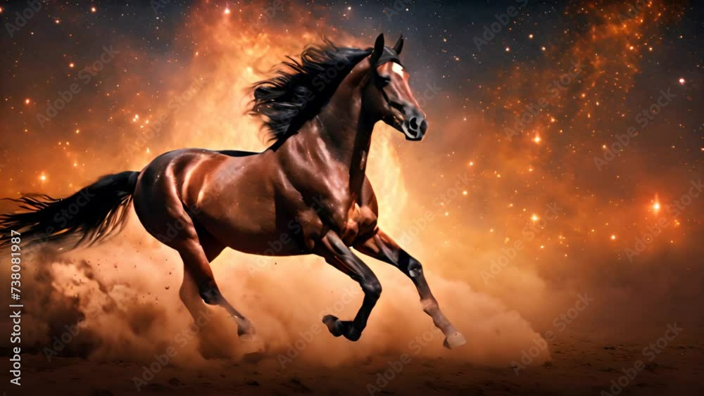 Horse gallops through a dusty terrain, against the backdrop of a clear sky. Horse gallops through a dusty terrain, against the backdrop of a clear sky.
