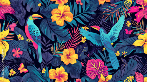 Seamless pattern background influenced by the organic forms and vibrant colors of tropical rainforests with colourful birds and flowers
 photo