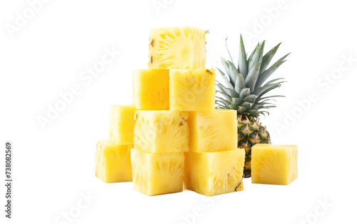 pineapple cubes. A pile of cubes of pineapple arranged on a white plate. Isolated on a Transparent Background PNG.