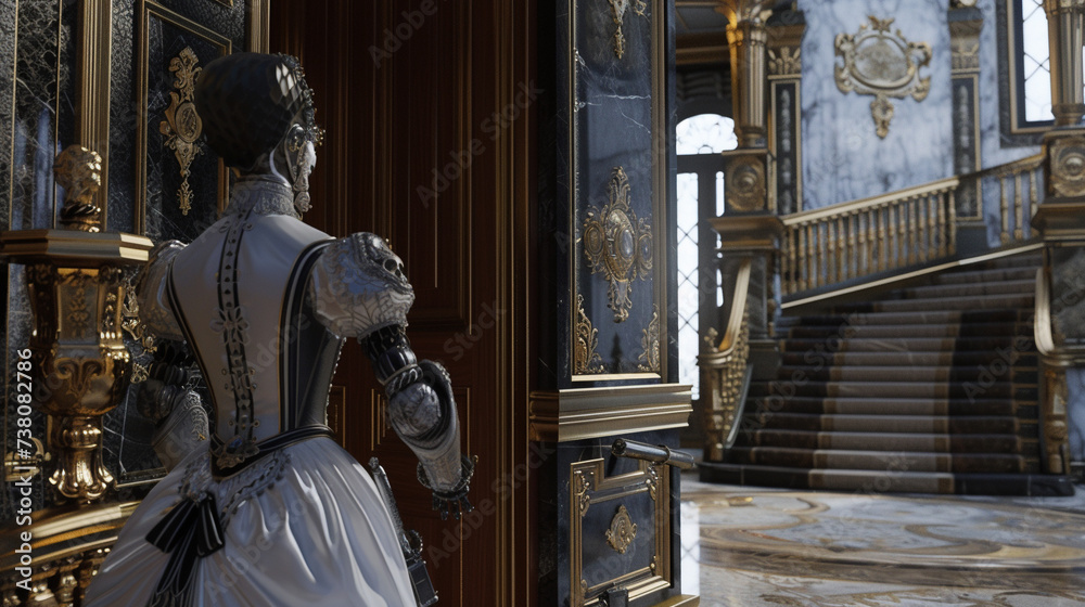 A stunning 3D render showcasing a Victorian maid robot elegantly opening a grand entrance door in a lavish mansion A stunning 3D render showcasing a Victorian maid robot elegantly opening a grand entrance door in a lavish mansion