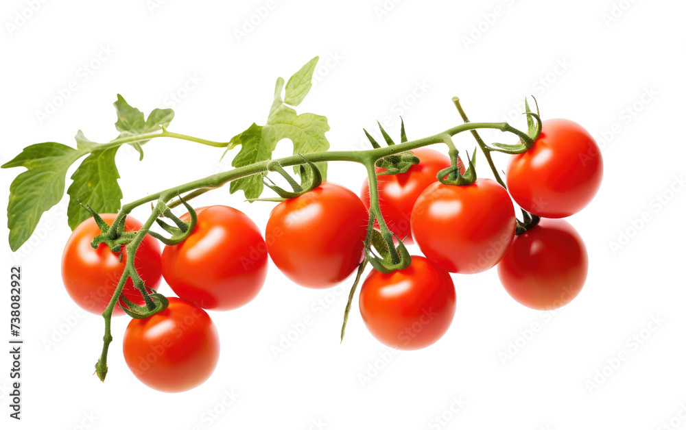 Tomatoes Hanging From a Branch. A bunch of tomatoes are seen hanging from a branch, showcasing the vibrant and ripe fruits. Isolated on a Transparent Background PNG.