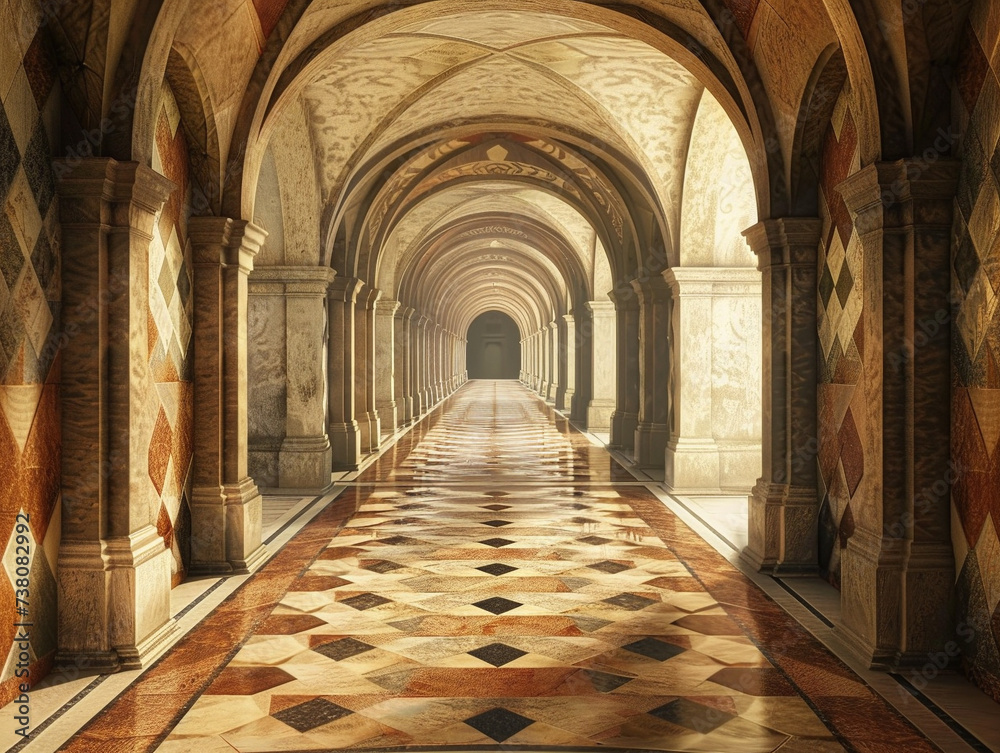 An elaborate and captivating background featuring an endless corridor constructed with intricate geometric shapes appearing as though it could go on forever