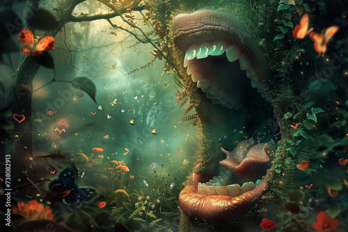 A whimsical fairytale forest transcending into the enchanting realm of an open mouths depths
