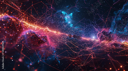 Intricate wireframe structures with a cosmic background.