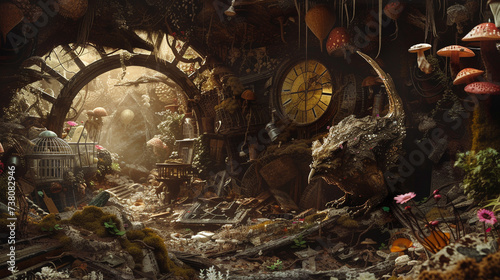 An artistically crafted illustration showcasing a junkyard turned sanctuary for a creature straight out of a fantasy tale photo