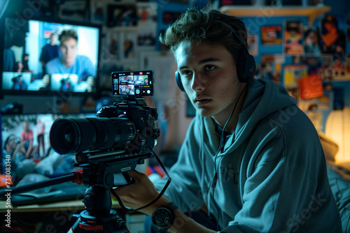 Close up of an blogger in his room filming video