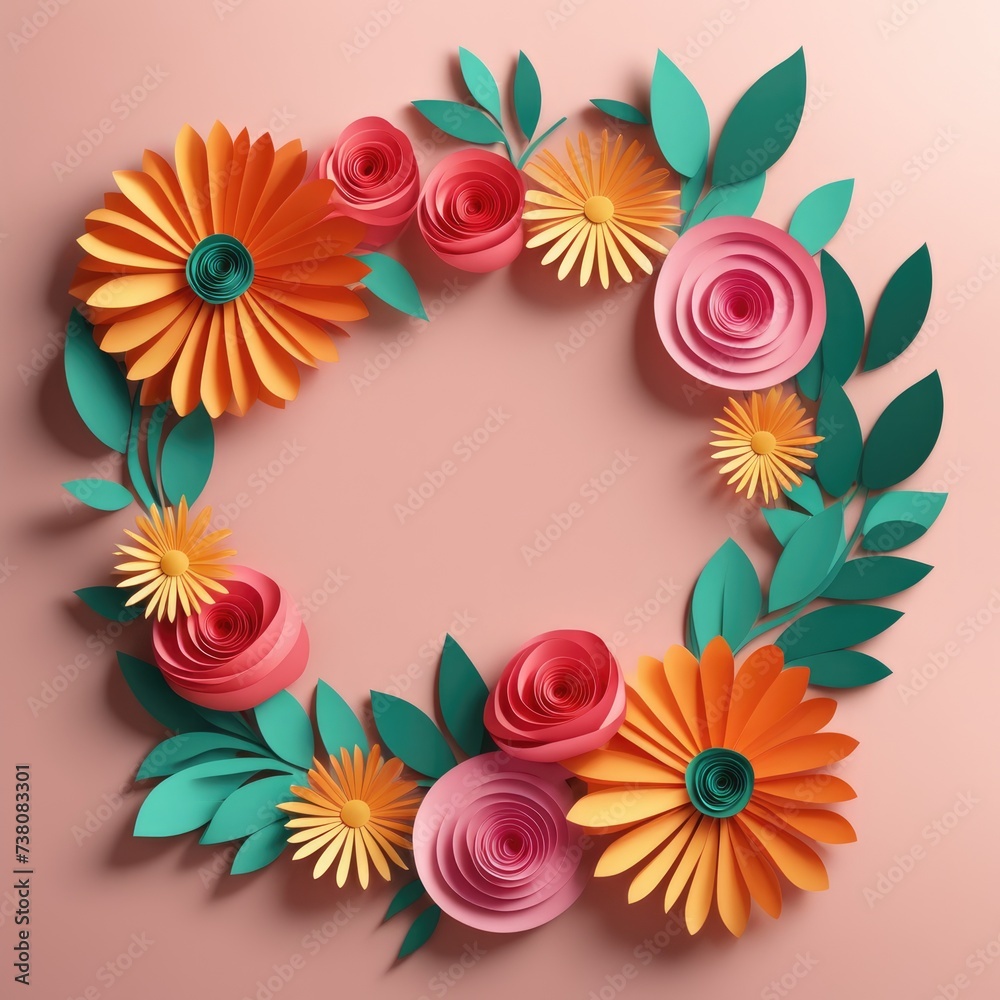 A wreath of colorful paper cutout flowers with lush green leaves, arranged in a circular pattern