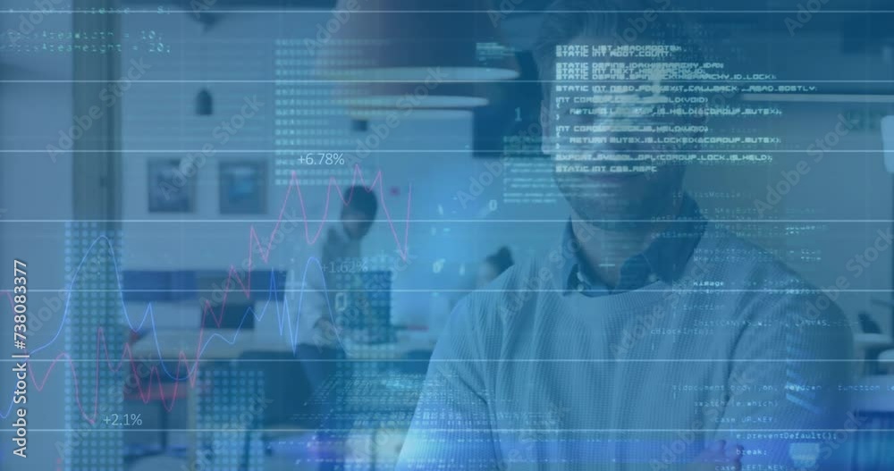 Animation of financial data processing over caucasian businessman in office