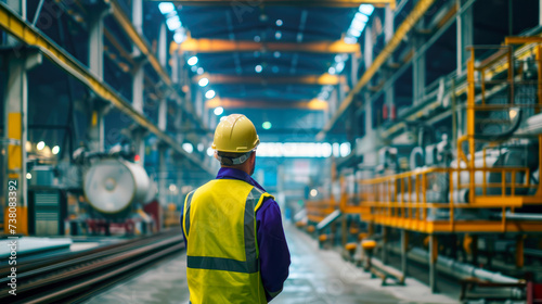 Engineer with a hard hat and jacket stand with his back to the camera in the factory.