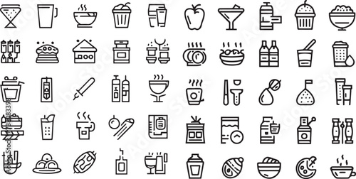 Set of 50 outline icons related to food and drink. Linear icon collection. Editable stroke. Vector illustration