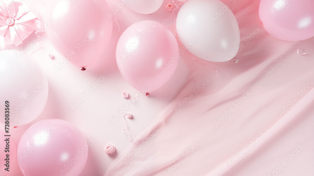 Urodzinowe minimalistyczne różowe tło na życzenia lub metryczkę z balonami i dekoracjami - narodziny dziecka - dziewczynki - obrazy, fototapety, plakaty 