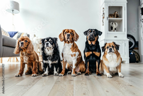 A pack of majestic canines lounging on a rustic wooden floor, embodying the perfect balance of elegance and coziness as they showcase their unique sporting group breeds photo