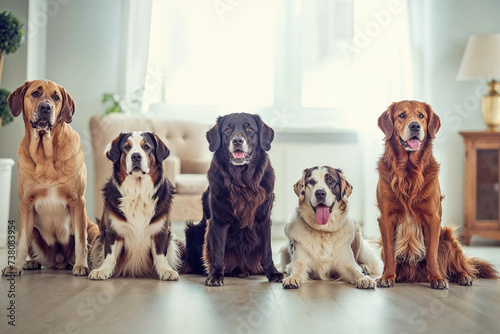 A pack of playful pups of various dog breeds sit eagerly on the indoor floor, their brown coats contrasting against the white walls as they wait for their next adventure with their beloved human comp photo