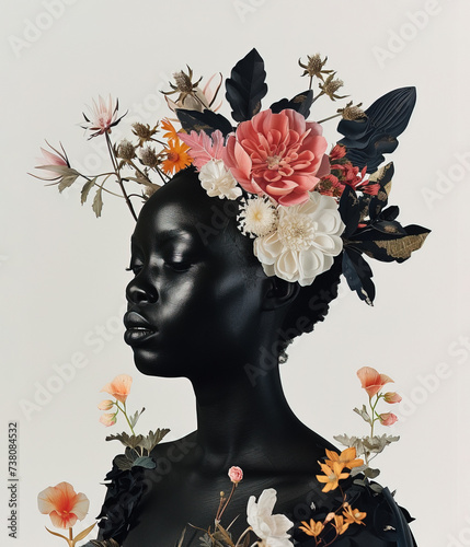 Collage with beautiful black female portrait and flowers