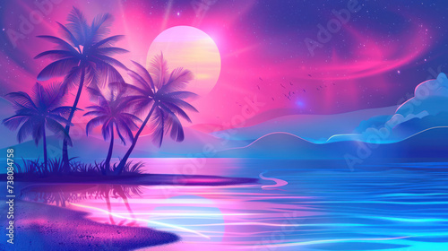 Retro Neon Summer Beach Background with Sun and Palms as wallpaper illustration