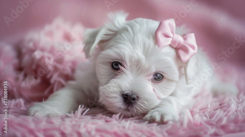  Maltese puppy with a pink bow laying on pink 