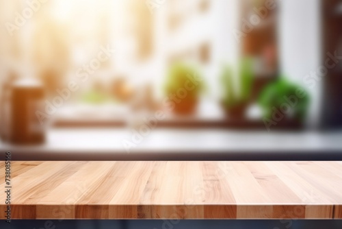 An empty wooden table overlooking a light brighten blurred defocused kitchen for representive your product with copyspace