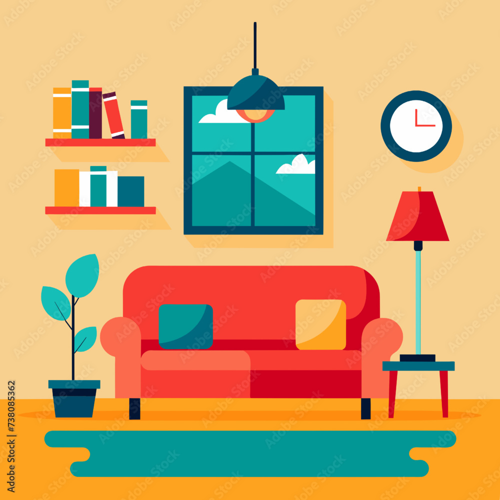Fototapeta premium Living room with sofa and bookshelves. Flat design vector illustration.