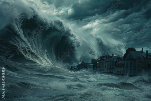 image of a tsunami engulfing the city, natural disaster concept photo