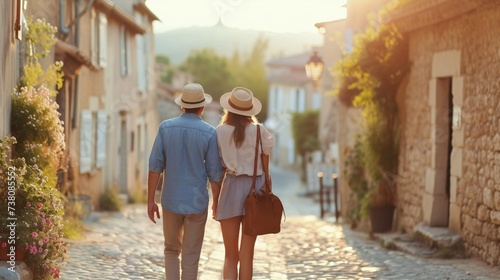 Energetic elderly couple exploring France, delighting in the charming towns and landscapes.