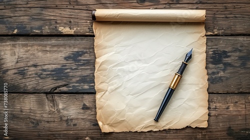 a fountain pen lies on clean parchment, slightly stained with ink, on a wooden table background, copy space photo