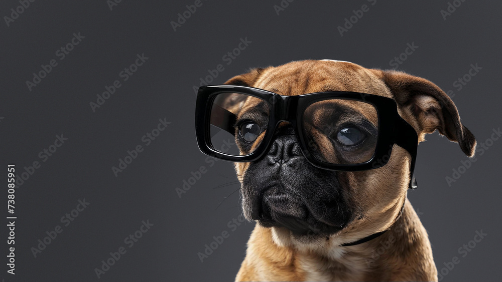 A distinguished dog of a specific breed donning stylish glasses while enjoying the great outdoors with its trusty collar and charming brown snout