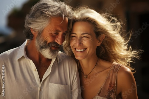Romantic Senior Couple Smiling for the Camera at Tropical Resort Beach Generative AI © Johnathan