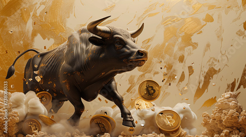 bull bitcoin symbol with piles of coins next to it, in the style of dark beige and dark amber, spirited movement, hyperrealistic murals, massurrealism, tanbi kei, flowing silhouettes, exotic realism photo