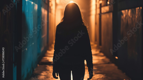 Silhouette of a young woman walking home alone at night , scared of stalker and being assault , insecurity concept
 photo