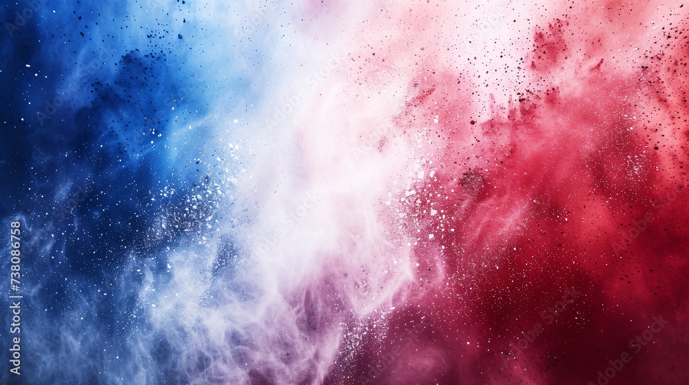 Obraz premium Vibrant French tricolor bursts with red, white, and blue holi powder on a background, representing celebration, soccer, and travel in Europe.