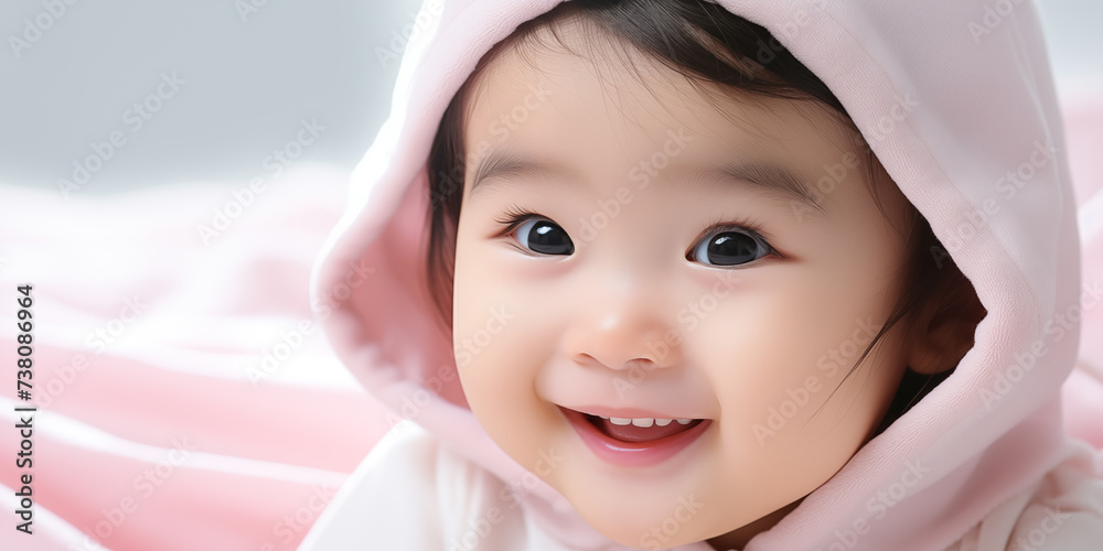 Cute little asian baby in bathrobe after bath. Banner with copy space. Shallow depth of field. Cute little asian baby in bathrobe after bath. Banner with copy space. Shallow depth of field.