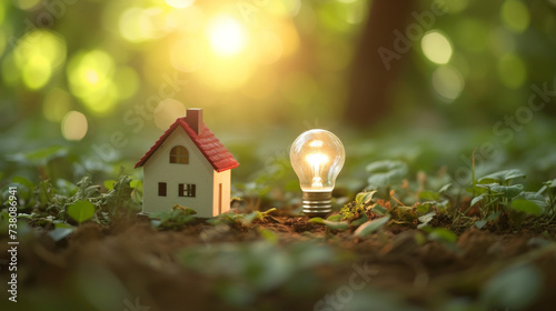 Small house model and light bulb on the ground for real estate idea concept , eco design , green electricity energy background 