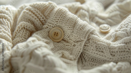 Close-up on a single baby sweater atop the pile, showcasing intricate stitching and delicate buttons.